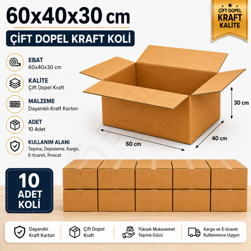 60x40x30 Kraft Kalite Çift Oluklu Koli 10 Adet