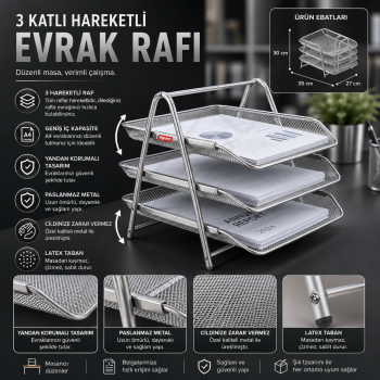 Silver Metal 3'lü Evrak Rafı
