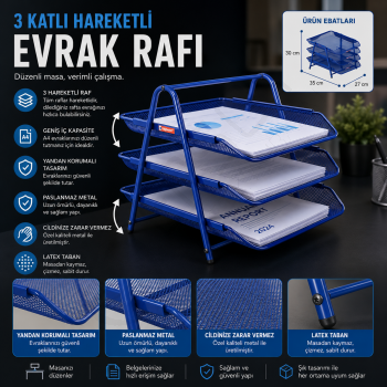 Mavi Metal 3'lü Evrak Rafı