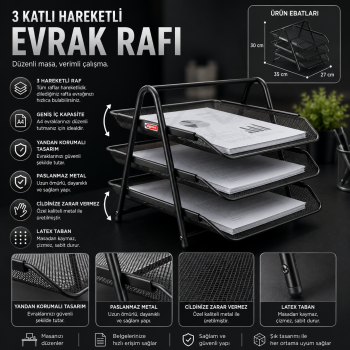 Siyah Metal 3'lü Evrak Rafı
