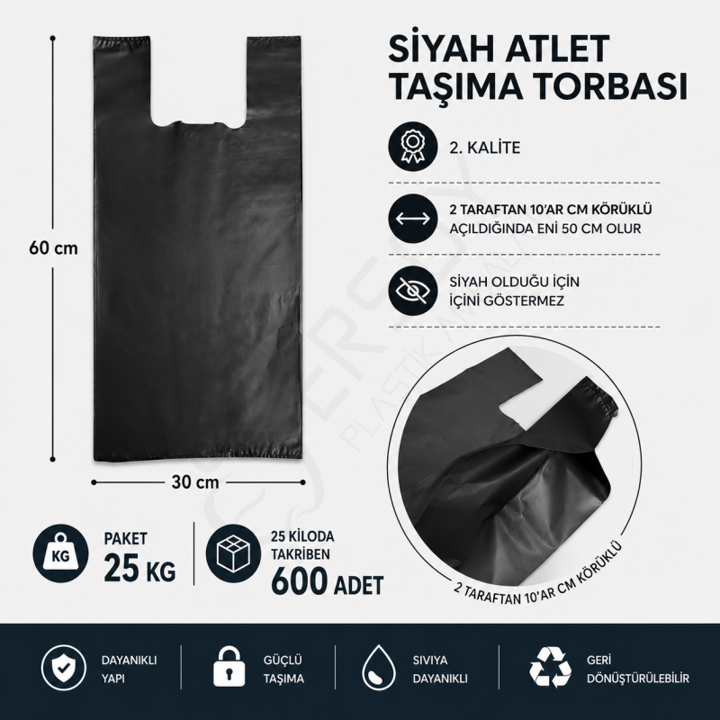 30x60 Siyah Atlet Poşet 25 Kg.