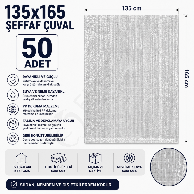 135x165 Şeffaf Çuval 50 Adet
