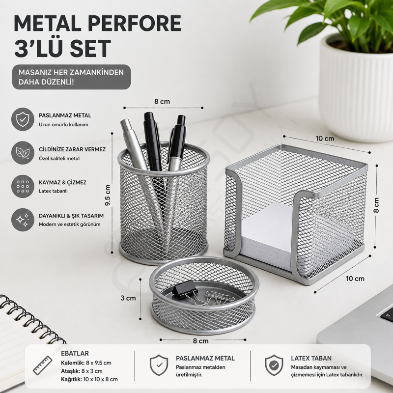 Metal Perfore 3lü Set Silver