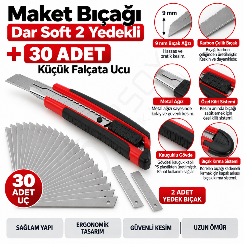 Maket Bıçağı Dar Soft 2 Yedekli + 30 Adet Küçük Falçata Ucu