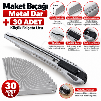 Maket Bıçağı Metal Dar + 30 Adet Küçük Falçata Ucu