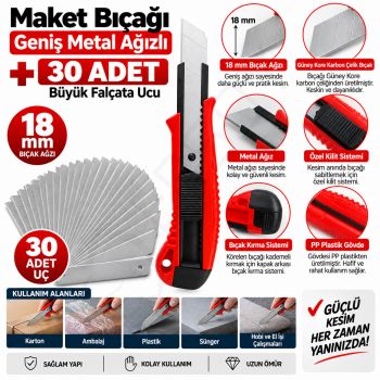 Maket Bıçağı Geniş Metal Ağızlı + 30 Adet Büyük Falçata Ucu