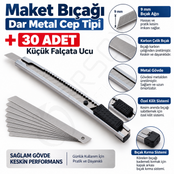 Maket Bıçağı Dar Metal Cep Tipi + 30 Adet Küçük Falçata Ucu