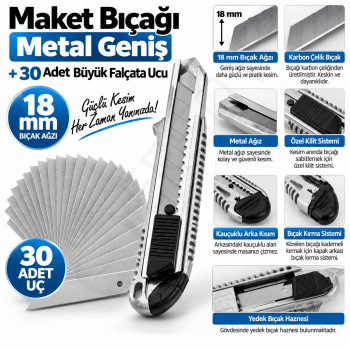 Maket Bıçağı Metal Geniş + 30 Adet Büyük Falçata Ucu