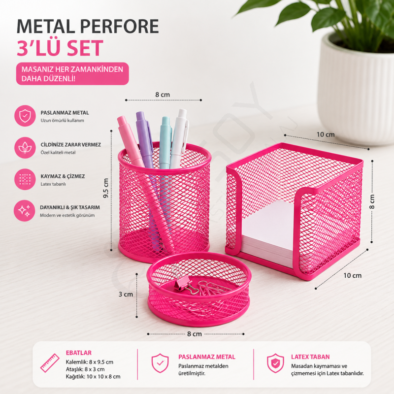 Metal Perfore 3lü Set Pembe