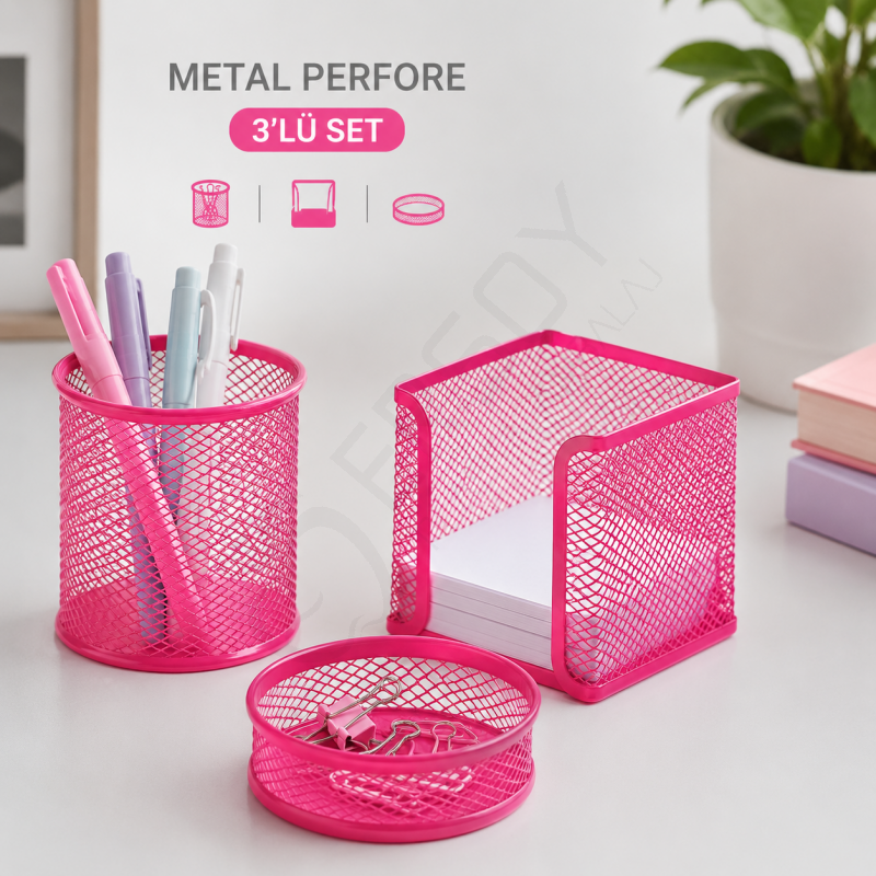 Metal Perfore 3lü Set Pembe
