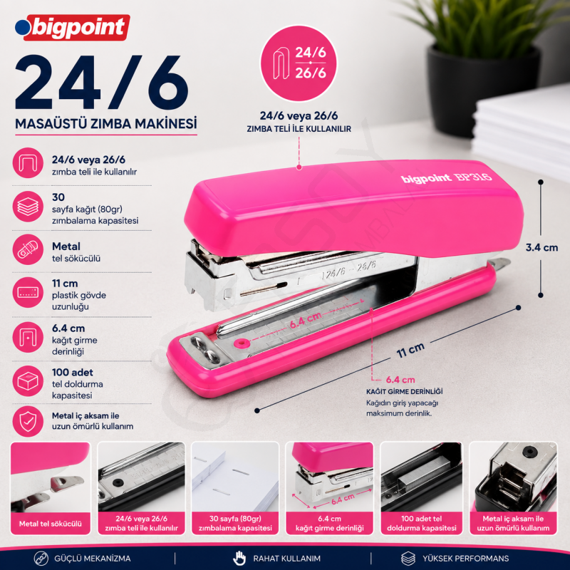 Zımba Makinesi 24/6 Pembe