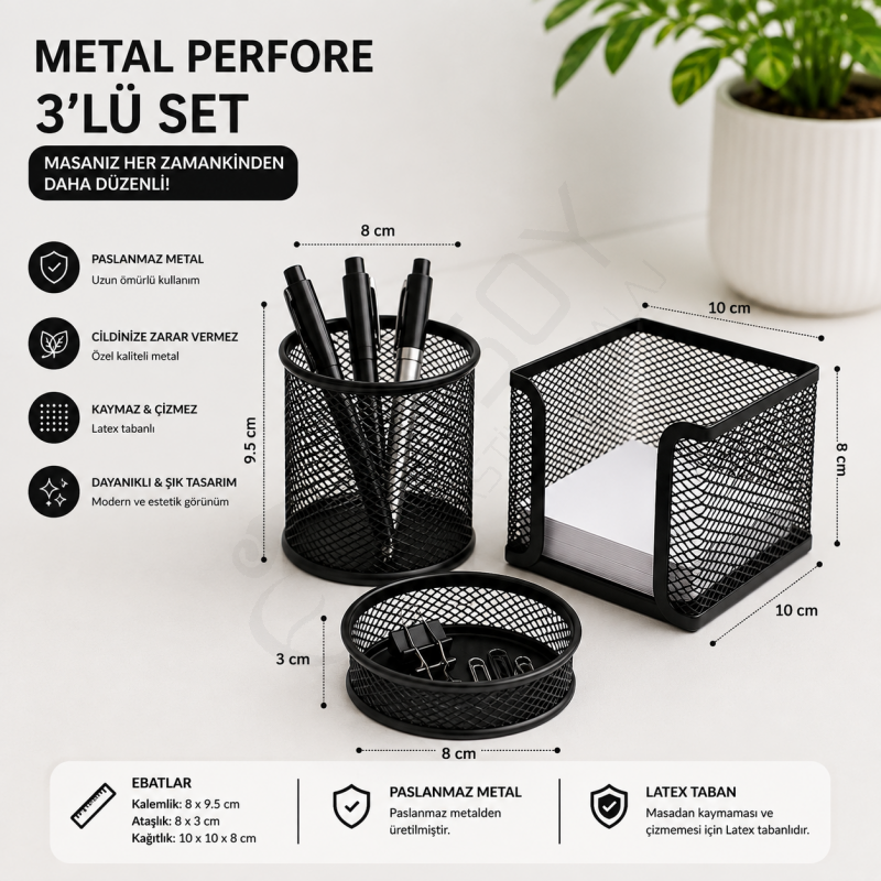Metal Perfore 3lü Set Siyah