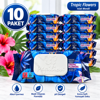 Tropikal Çiçekler Kokulu Islak Mendil 90'lı 10 Paket