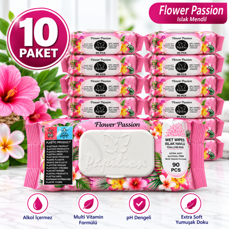 Çiçek Tutkusu Kokulu Islak Mendil 90'lı 10 Paket