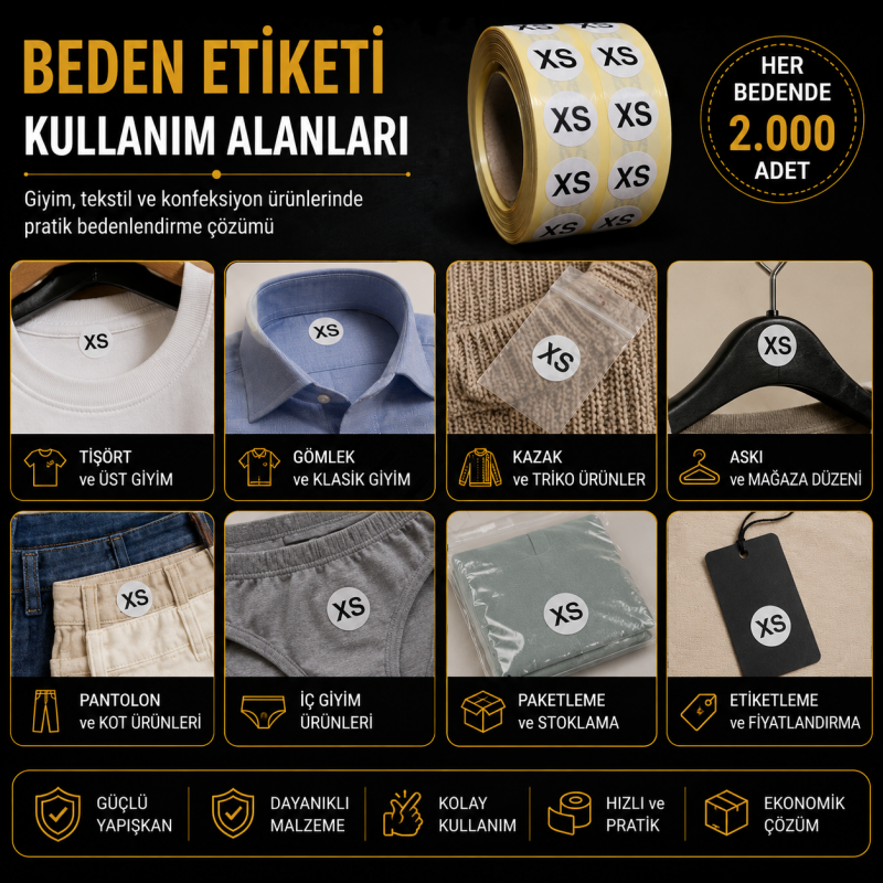 7 Farklı Beden Etiketi Seti XS-S-M-L-XL-XXL-3XL