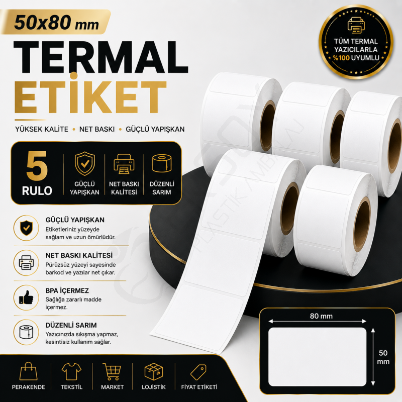 Termal Etiket 50 mm x 80 mm 5 Rulo