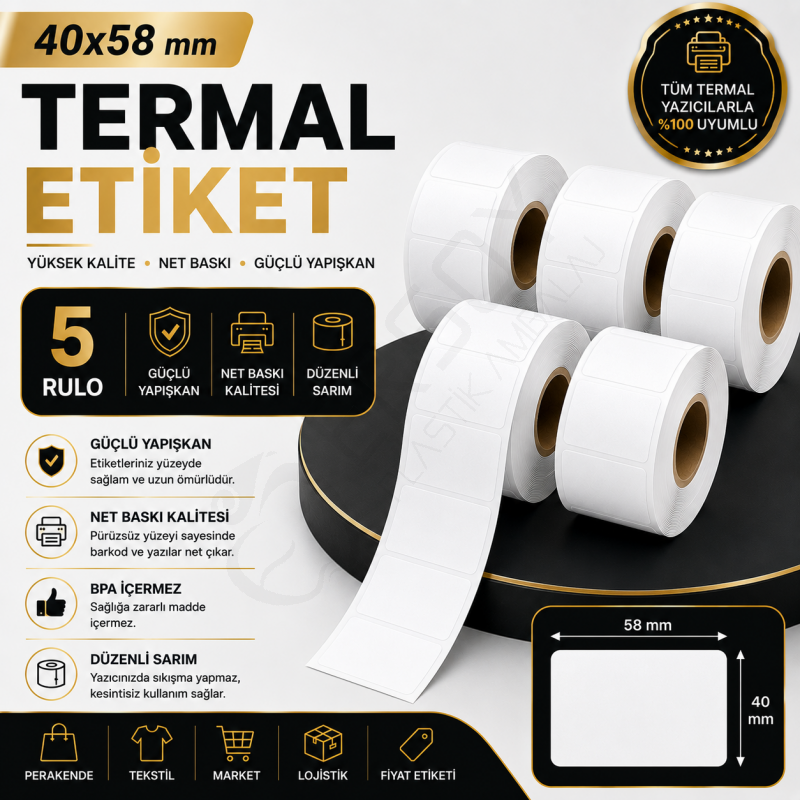 Termal Etiket 40 mm x 58 mm 5 Rulo