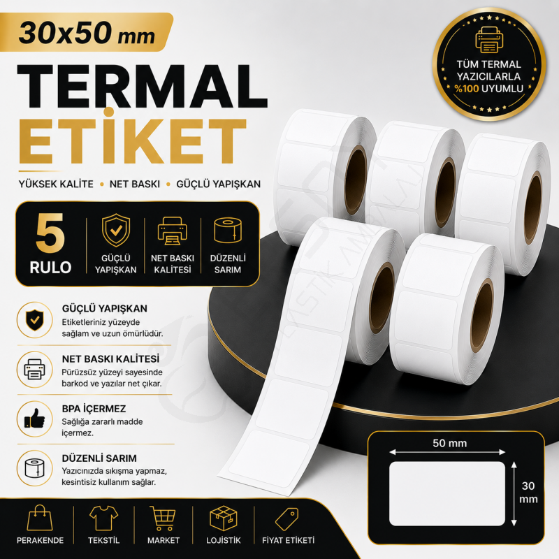 Termal Etiket 30 mm x 50 mm 5 Rulo