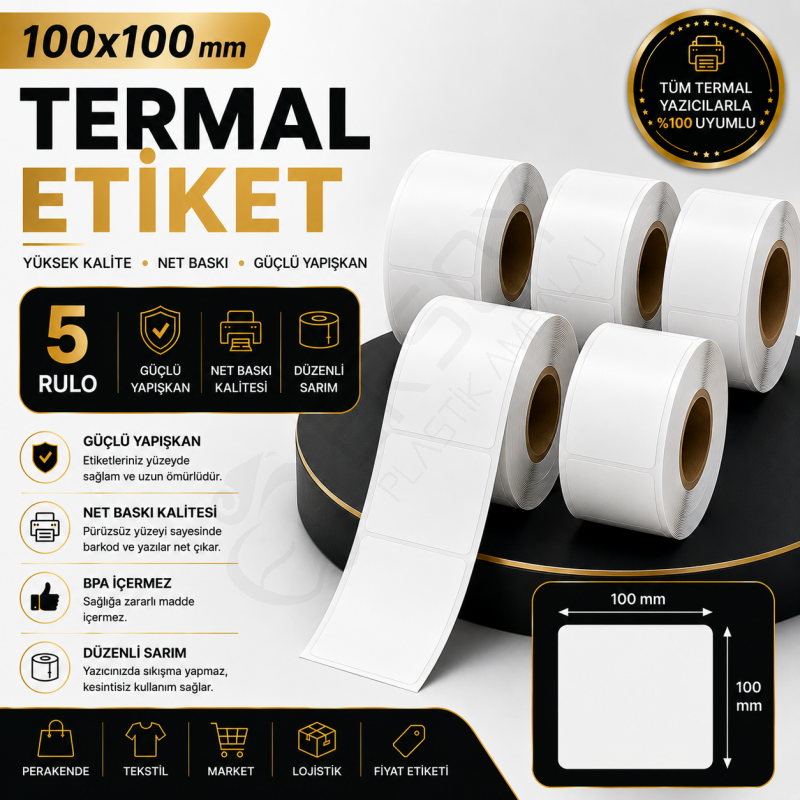Termal Etiket 100 mm x 100 mm 5 Rulo