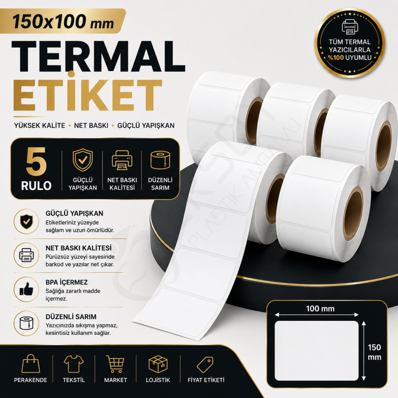 Termal Etiket 150 mm x 100 mm 5 Rulo