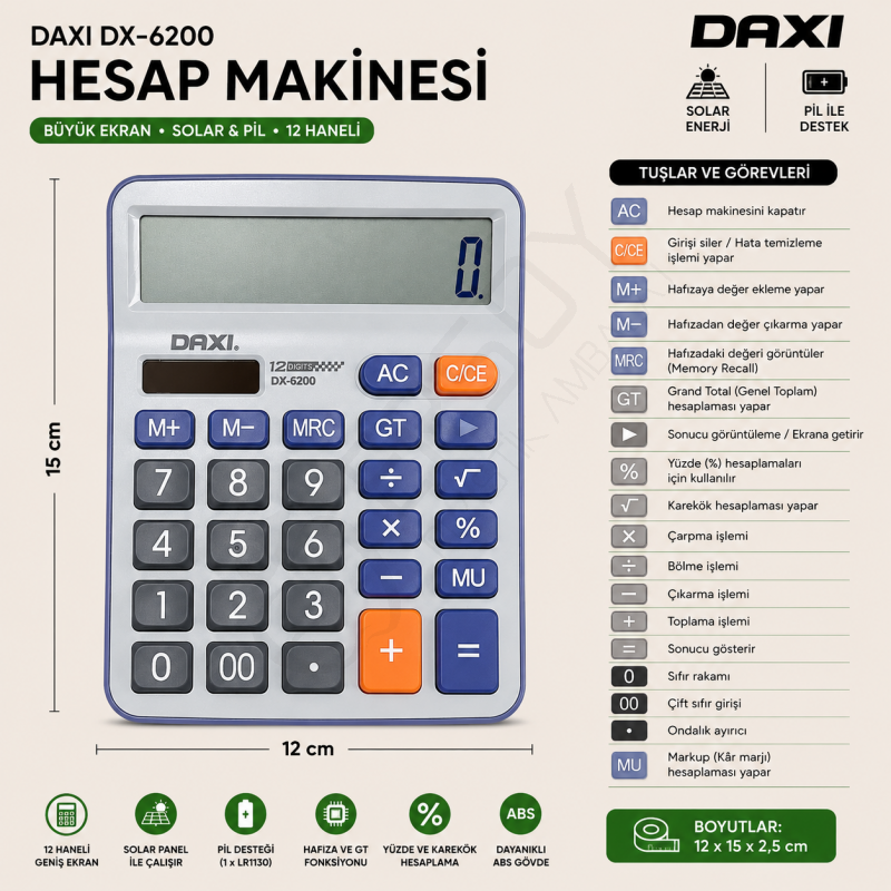 Daxi DX-6200 Hesap Makinesi Gri