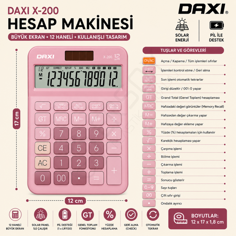 Daxi X-200 Hesap Makinesi Pembe