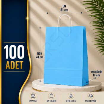 31x41+12 Kağıt Çanta Açık Mavi Renk 100 Adet