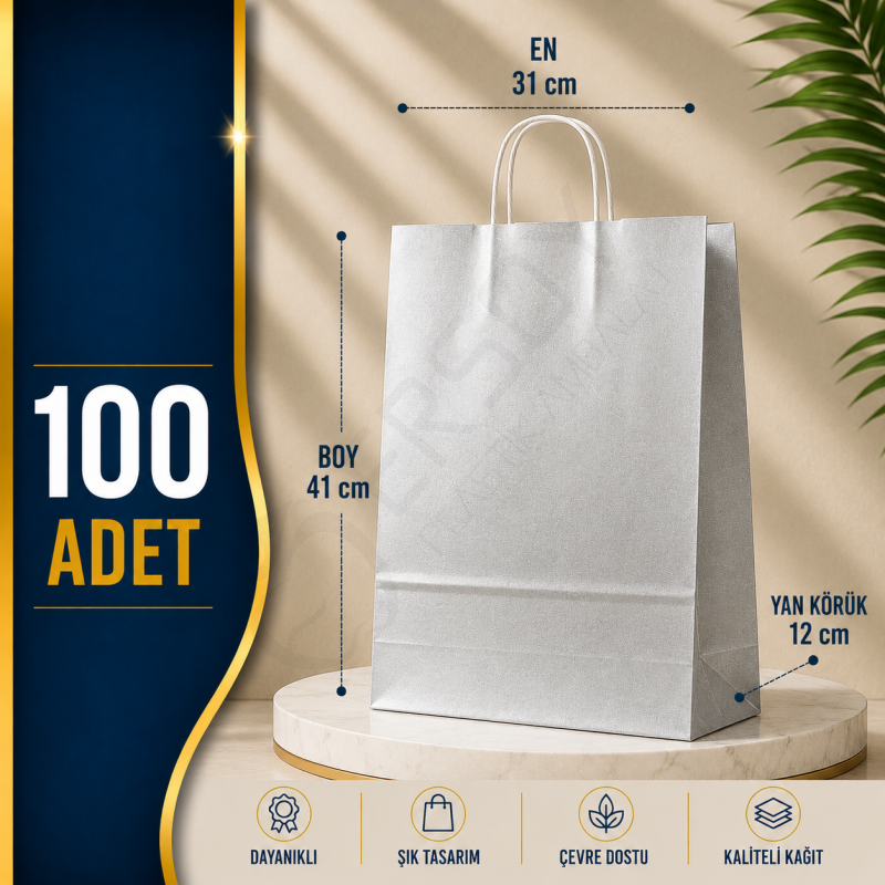 31x41+12 Kağıt Çanta Gümüş Renk 100 Adet
