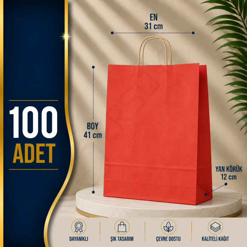 31x41+12 Kağıt Çanta Kırmızı Renk 100 Adet