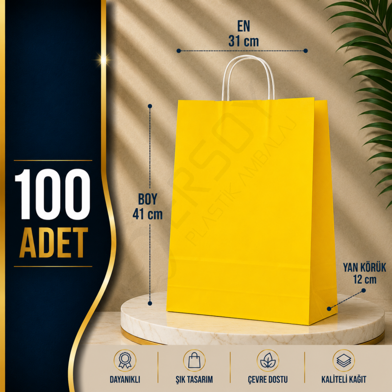 31x41+12 Kağıt Çanta Sarı Renk 100 Adet