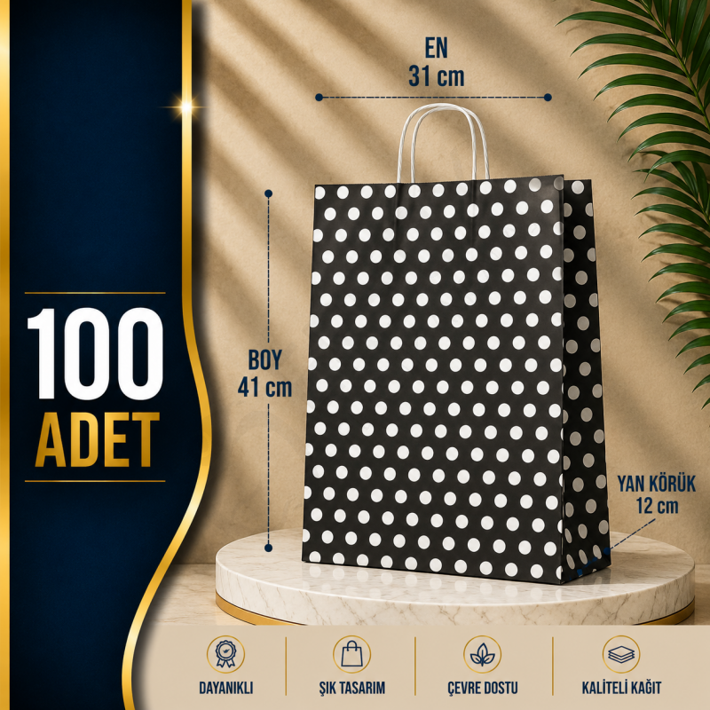 31x41+12 Kağıt Çanta Siyah Beyaz Puantiyeli 100 Adet