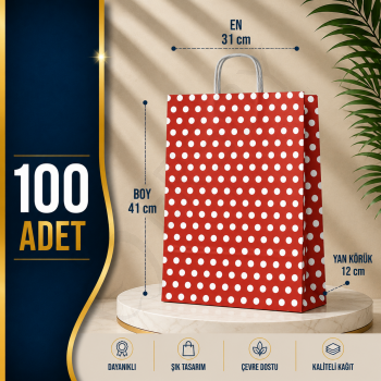 31x41+12 Kağıt Çanta Kırmızı Beyaz Puantiyeli 100 Adet