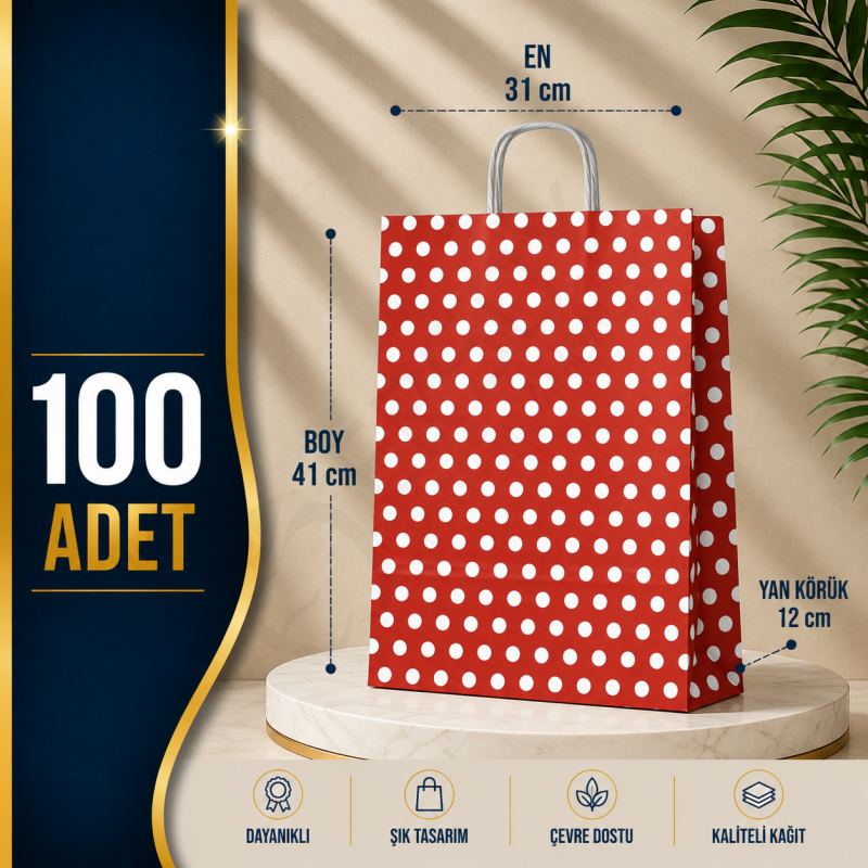 31x41+12 Kağıt Çanta Kırmızı Beyaz Puantiyeli 100 Adet