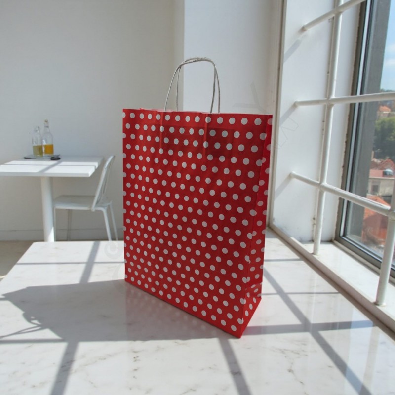 31*41+12 Kağıt Çanta Kırmızı Beyaz Puantiyeli 31*41+12 Kağıt Çanta Kırmızı Beyaz Puantiyeli
