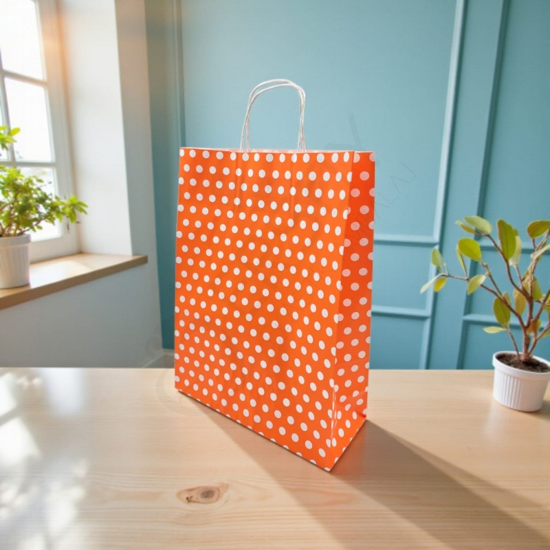 31*41+12 Kağıt Çanta Turuncu Beyaz Puantiyeli 31*41+12 Kağıt Çanta Turuncu Beyaz Puantiyeli