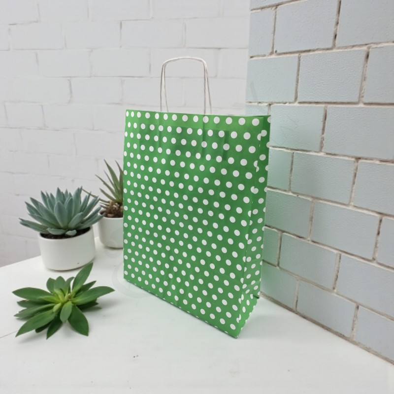 31*41+12 Kağıt Çanta Yeşil Beyaz Puantiyeli 31*41+12 Kağıt Çanta Yeşil Beyaz Puantiyeli