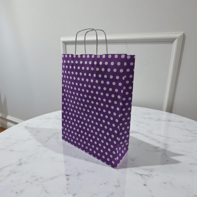 31x41+12 Kağıt Çanta Lila Beyaz Puantiyeli 100 Adet
