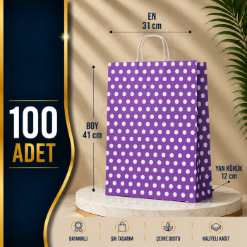 31x41+12 Kağıt Çanta Lila Beyaz Puantiyeli 100 Adet