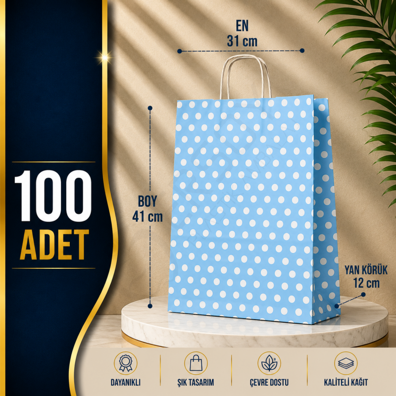31x41+12 Kağıt Çanta Mavi Beyaz Puantiyeli 100 Adet