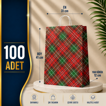 31x41+12 Kağıt Çanta Ekose Baskılı 100 Adet