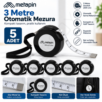 Metapin 3 Metre Otomatik Mezura Siyah 5 Adet