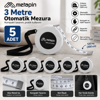 Metapin 3 Metre Otomatik Mezura Beyaz 5 Adet