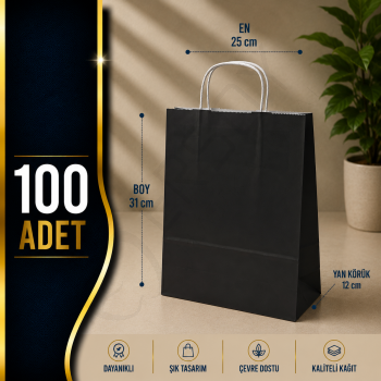 25x31+12 Kağıt Çanta Siyah Renk 100 Adet