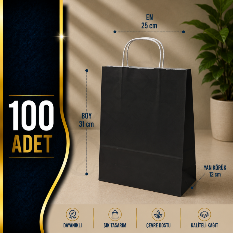 25x31+12 Kağıt Çanta Siyah Renk 100 Adet