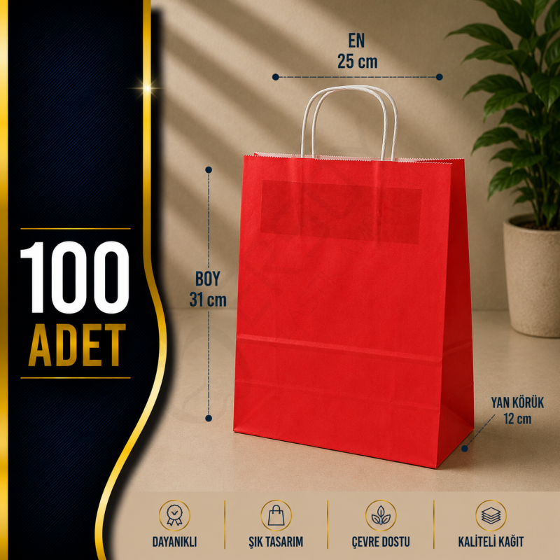 25x31+12 Kağıt Çanta Kırmızı Renk 100 Adet