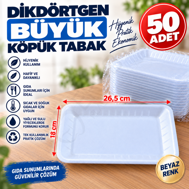 Dikdörtgen Büyük Köpük Tabak 50 Adet