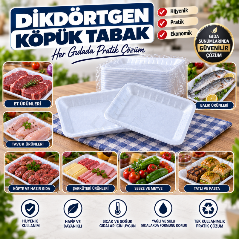 Dikdörtgen Büyük Köpük Tabak 50 Adet