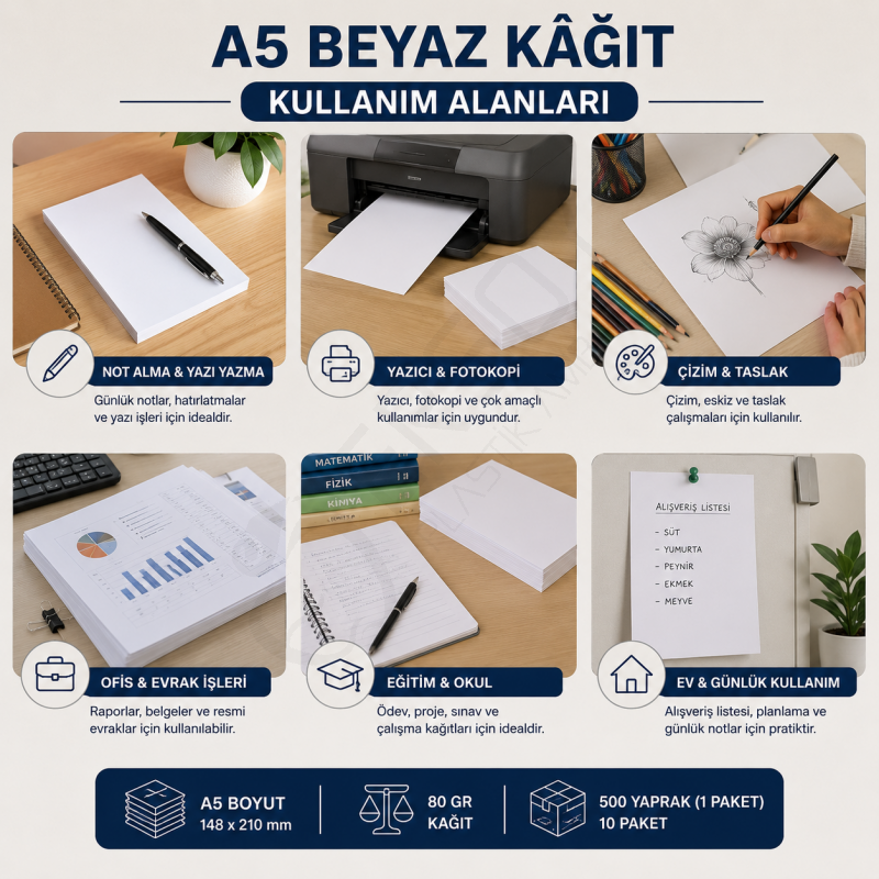A5 Beyaz Kâğıt 80 gr – 148×210 mm | 500’lü Paket