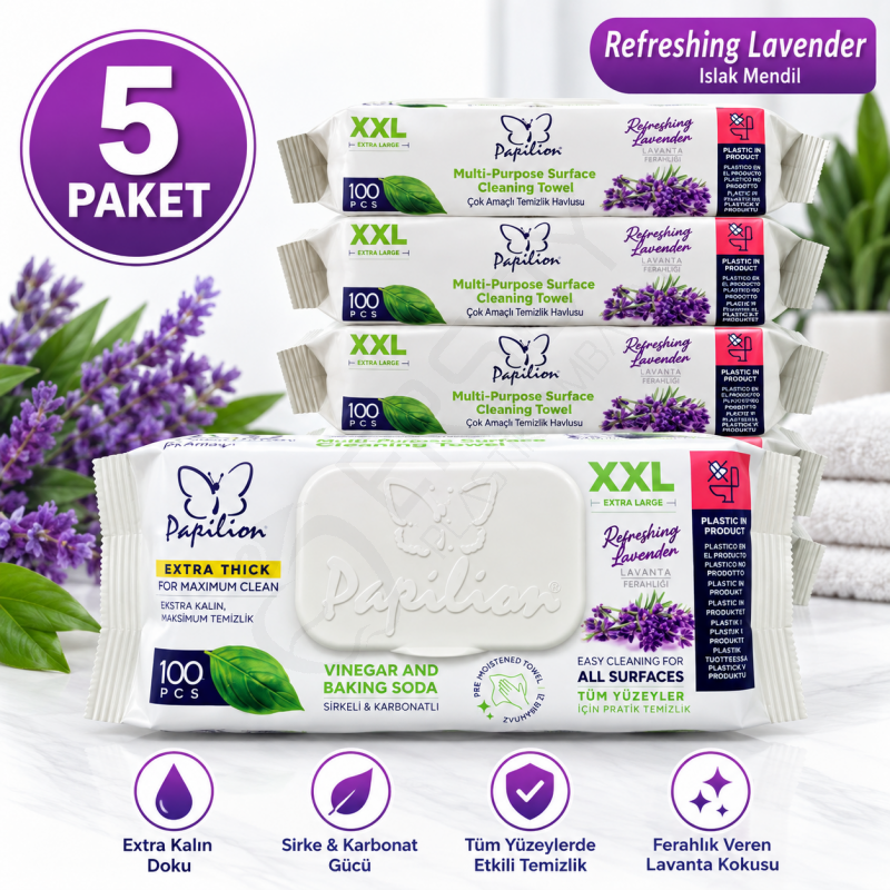 Ferahlatıcı Lavanta Kokulu Islak Temizlik Havlusu 100'lü 5 Paket