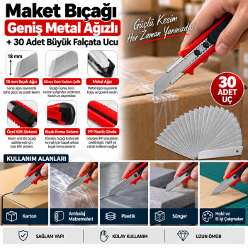 Maket Bıçağı Geniş Metal Ağızlı + 30 Adet Büyük Falçata Ucu